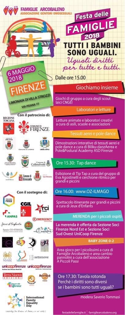 diversmamme's tweet photo. FESTA DELLE FAMIGLIE - FIRENZE 6 MAGGIO: tutti i bambini e le bambine sono uguali  #famigliearcobaleno #figlisenzadiritti #families #ChildrenFirst #internationalfamiesequalityday #famiglie #lovemakesafamily #HumanRights https://t.co/kLGU3owrK6