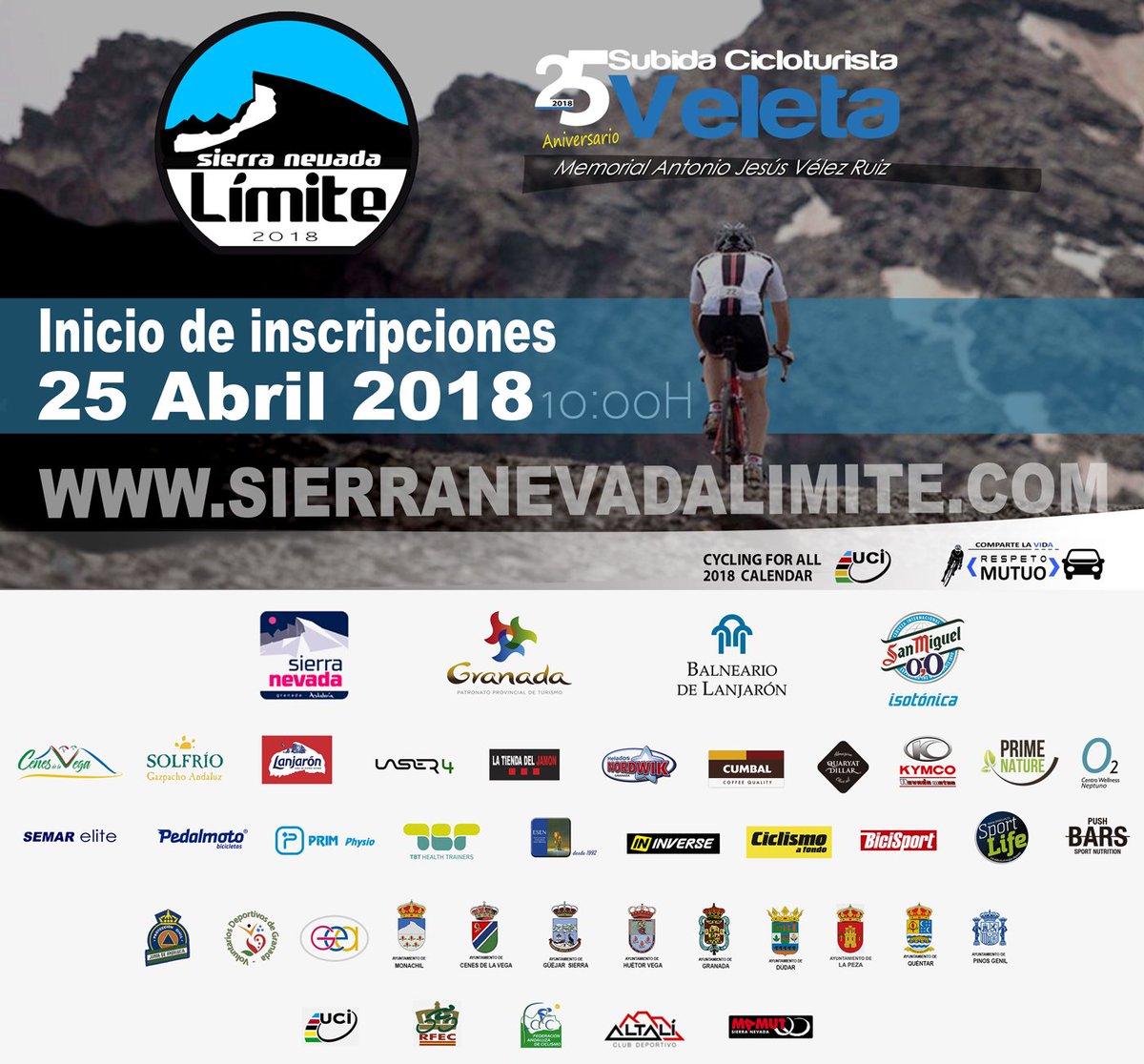 Mañana abrimos las inscripciones para la 9ª #SierraNevadaLimite y 25 #SubidaCicloturistaVeleta !!!
¿Cónoces el reglamento de las pruebas? sierranevadalimite.com/reglamento/
#ciclismo
#cycling
#cicloturismo
#cyclingforall
#UCI 
#Granada 
#SierraNevada