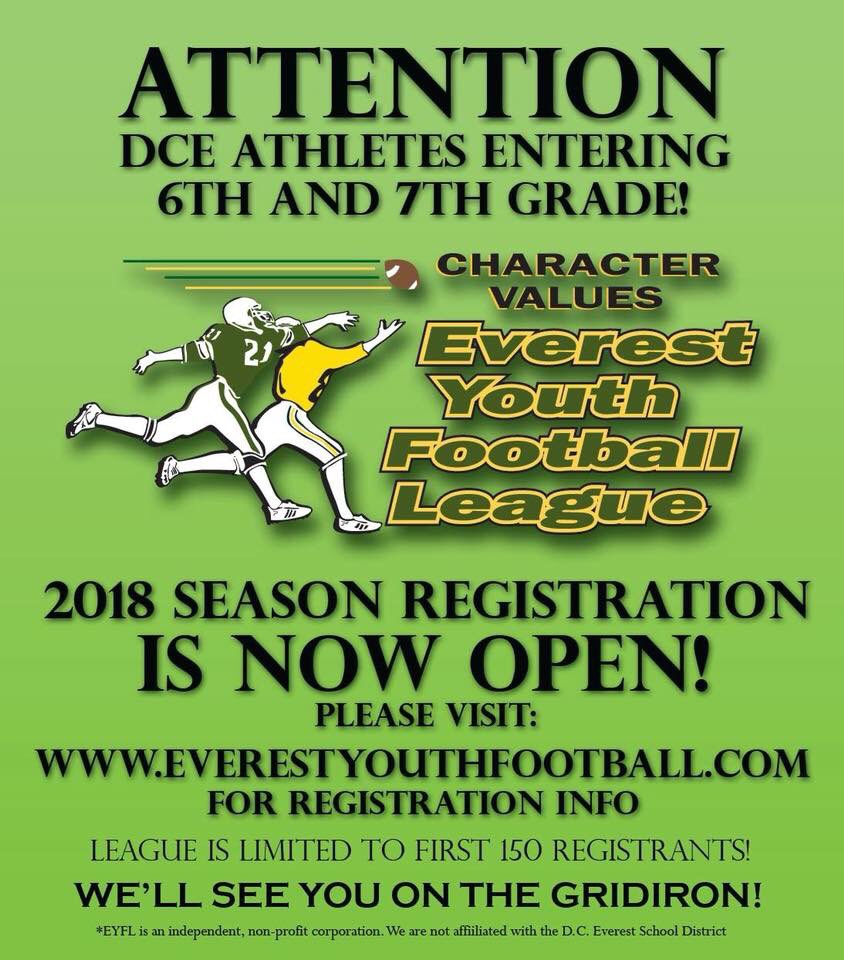 DCE_FOOTBALL's tweet photo. Everest Youth Football sign up for grades 6-7 #EverestPride #EYFL https://t.co/QN3edTk98t