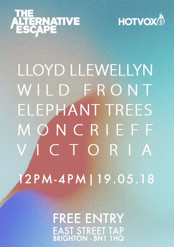 Hot_Vox's tweet photo. We're pleased to announce our #AltEscape showcase as part of @thegreatescape festival

@lloydllewellyn_ // @wild_front // @theeletrees // @MoncrieffMusic // @VictoriaBandUK

Saturday 19th May 2018 // 12pm-4pm // @EastStreetTap https://t.co/aJchLyX5an