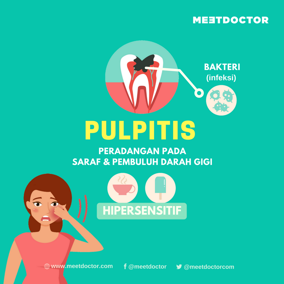 meetdoctorcom's tweet image. Pulpitis adalah peradangan pulpa gigi yang menimbulkan rasa nyeri. Gejala pulpitis meliputi; peradangan, sensitivitas akan makanan yang terlalu panas atau dingin, dan makanan yang sangat manis #infokesehatan #pulpitis #sakitgigi
