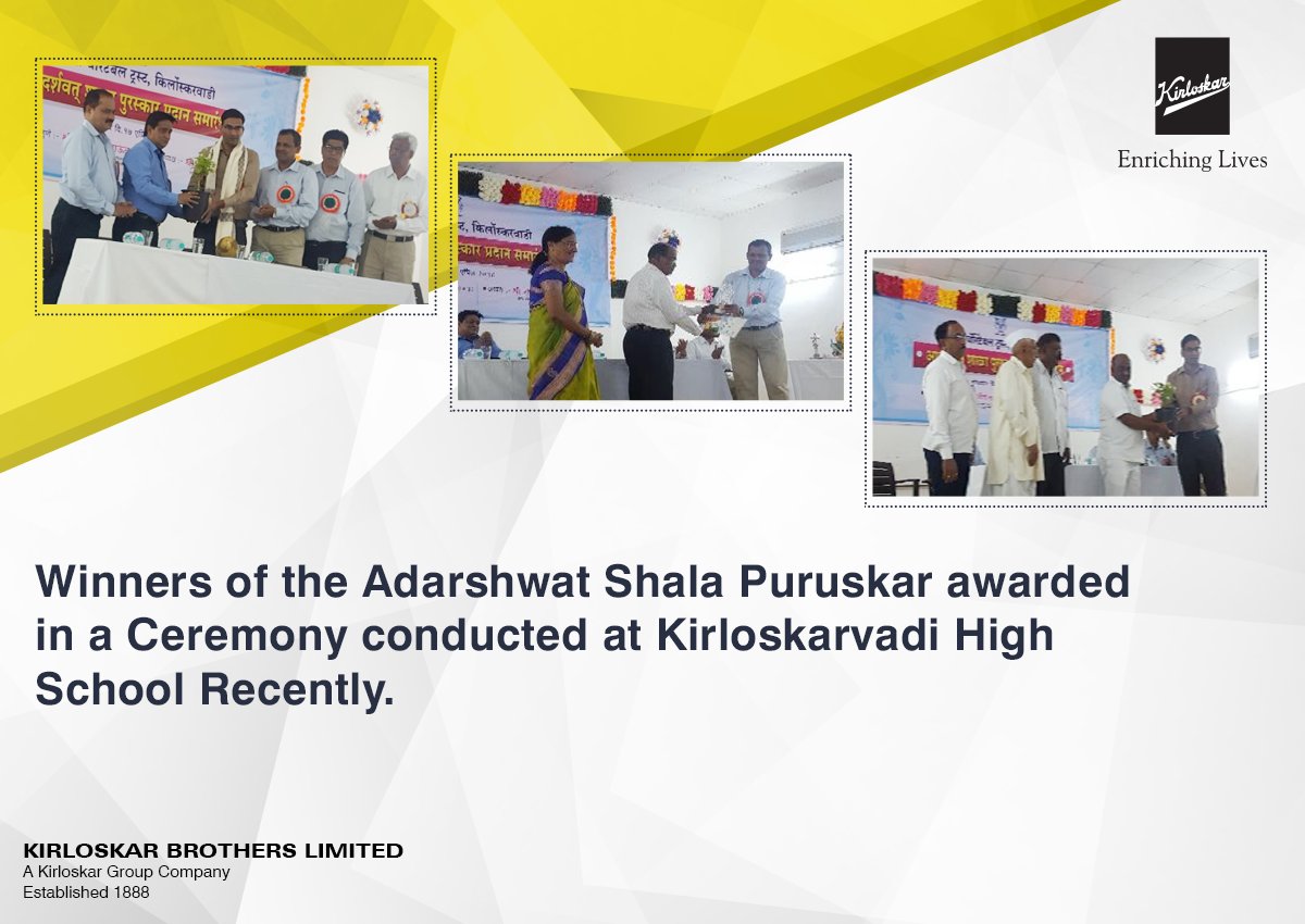 KBLPumps's tweet photo. Adarshwat Shala Puruskar is one of the signature initiatives of KBL organised by Vikas Charitable Trust, the CSR wing of KBL. The objective of the competition is to improve quality of education and provide financial assistance to needy schools. #KirloskarPumps #KBLCSR https://t.co/xpdvBace6Z