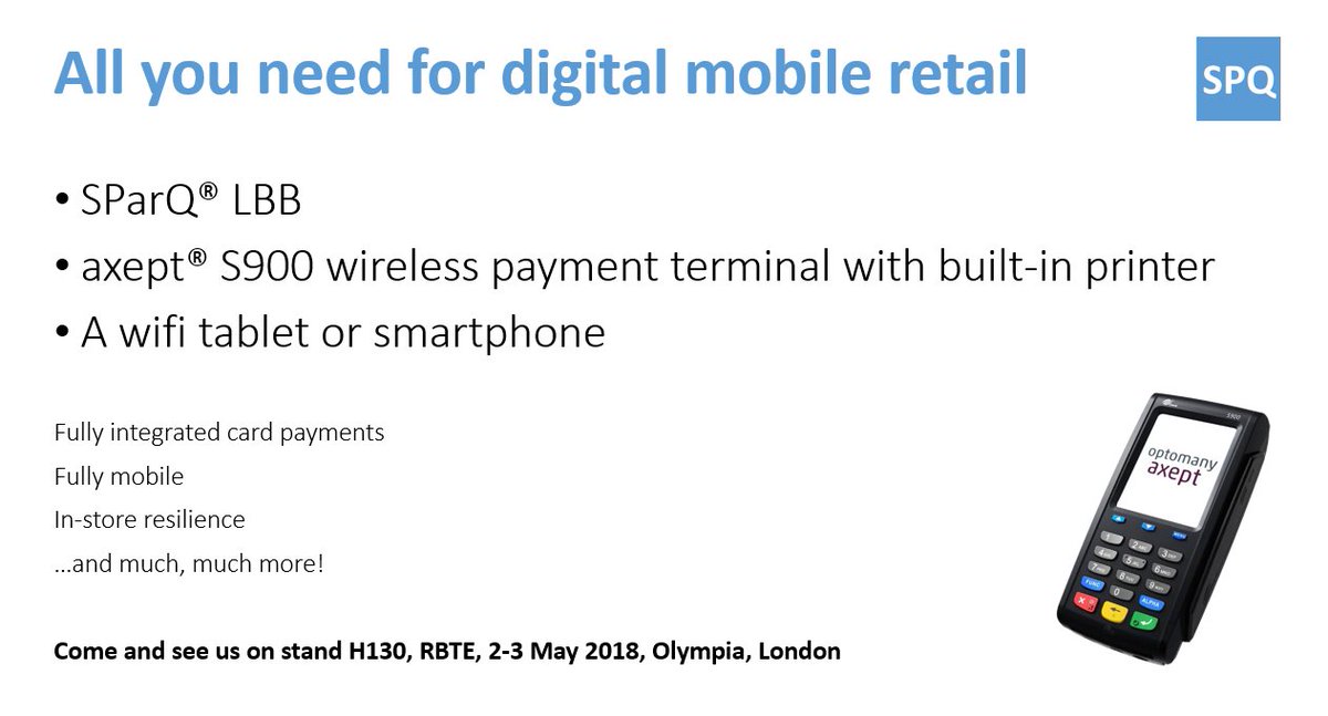 SPQRetail's tweet photo. All you need for digital mobile retail. Come and see us on stand H130 at RBTE 2018. #SParQ #axept #RBTE2018 https://t.co/STP6b7sZG9