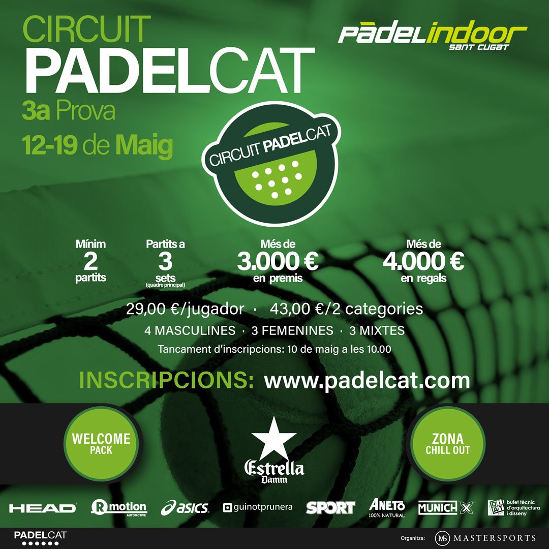 INSCRIPCIONS OBERTES per a la 3a prova del #CircuitPadelcat2018‼

padelcat.com/circuit-padelc…

Del 12 al 19 de maig al Padel Indoor DIR Sant Cugat 

#padel #padelcat #padeltime #lovepadel