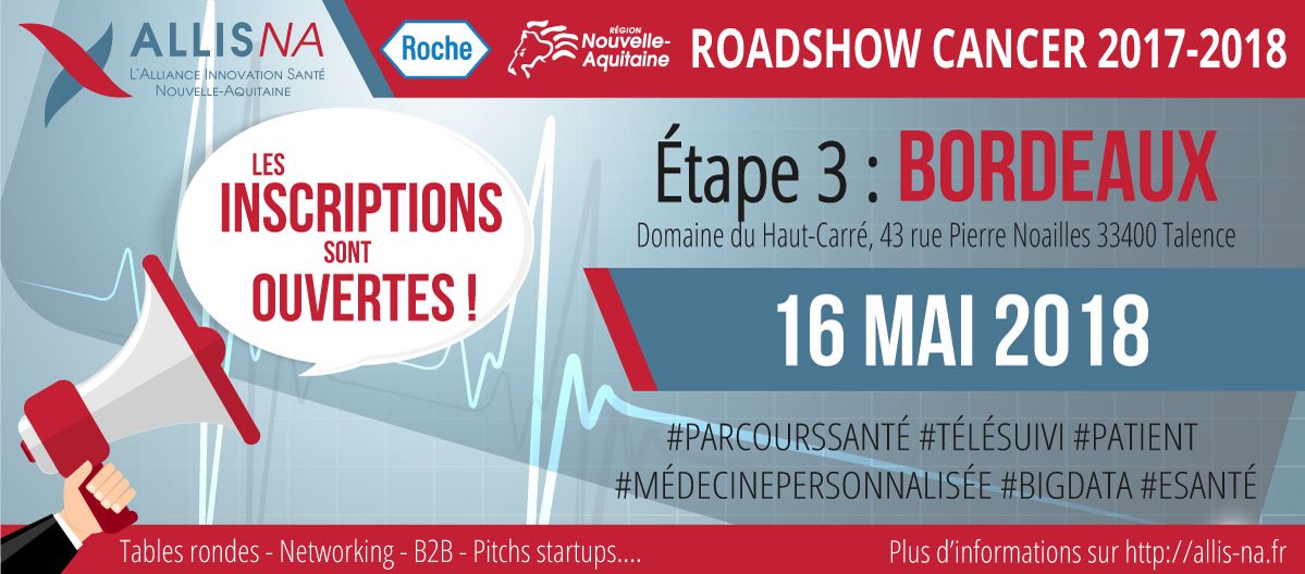 allis_na's tweet photo. RAPPEL : les inscriptions pour la 3e étape du #RoadshowCancer sont ouvertes! RDV le 16/05 à Talence sur les thématiques #parcourssanté #télésuivi #médecinepersonnalisée & #bigdata. Programme sur https://t.co/a3CoNBn9XB #networking #luttecontrelecancer @NvelleAquitaine https://t.co/Hbia8Vg6ld