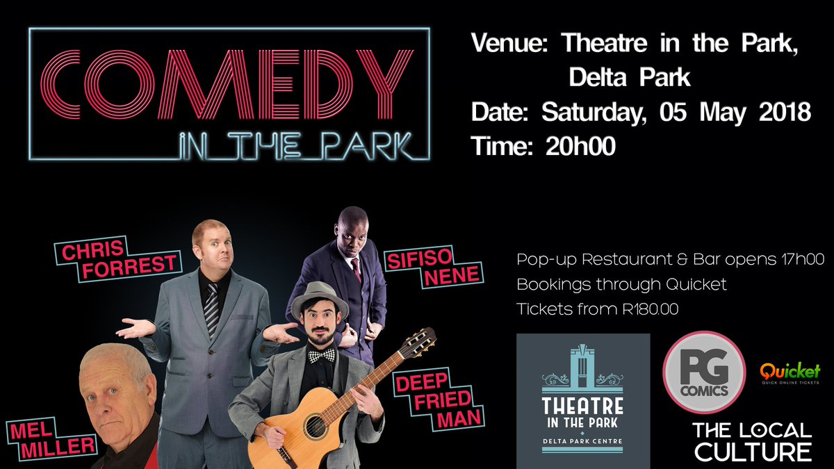 PGComicsSA's tweet photo. Tickets now available for the exciting launch of Comedy in the Park, 05 May 2018. Come join for an evening of good food under the trees, a couple of drinks and finally some side-splitting laughter. Get tickets here: https://t.co/xtrUZGf0vq #comedyinthepark #PGcomics #PGcomicsSA https://t.co/tJTw7S0ZkN