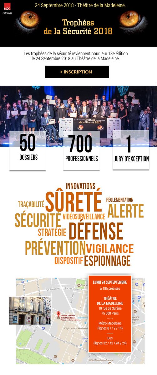 📢 Les TROPHÉES DE LA SÉCURITÉ reviennent pour une 13eme édition !
Le 24 Septembre 2018 au <a href="/Th_Madeleine/">Théâtre Madeleine</a> 
Plus d'infos sur notre site internet : tropheesdelasecurite.fr
#Sécurité #Sûreté #Prevention #Espionnage #Dispositif #Compétition #Trophées #Concours #Lancement #innovation