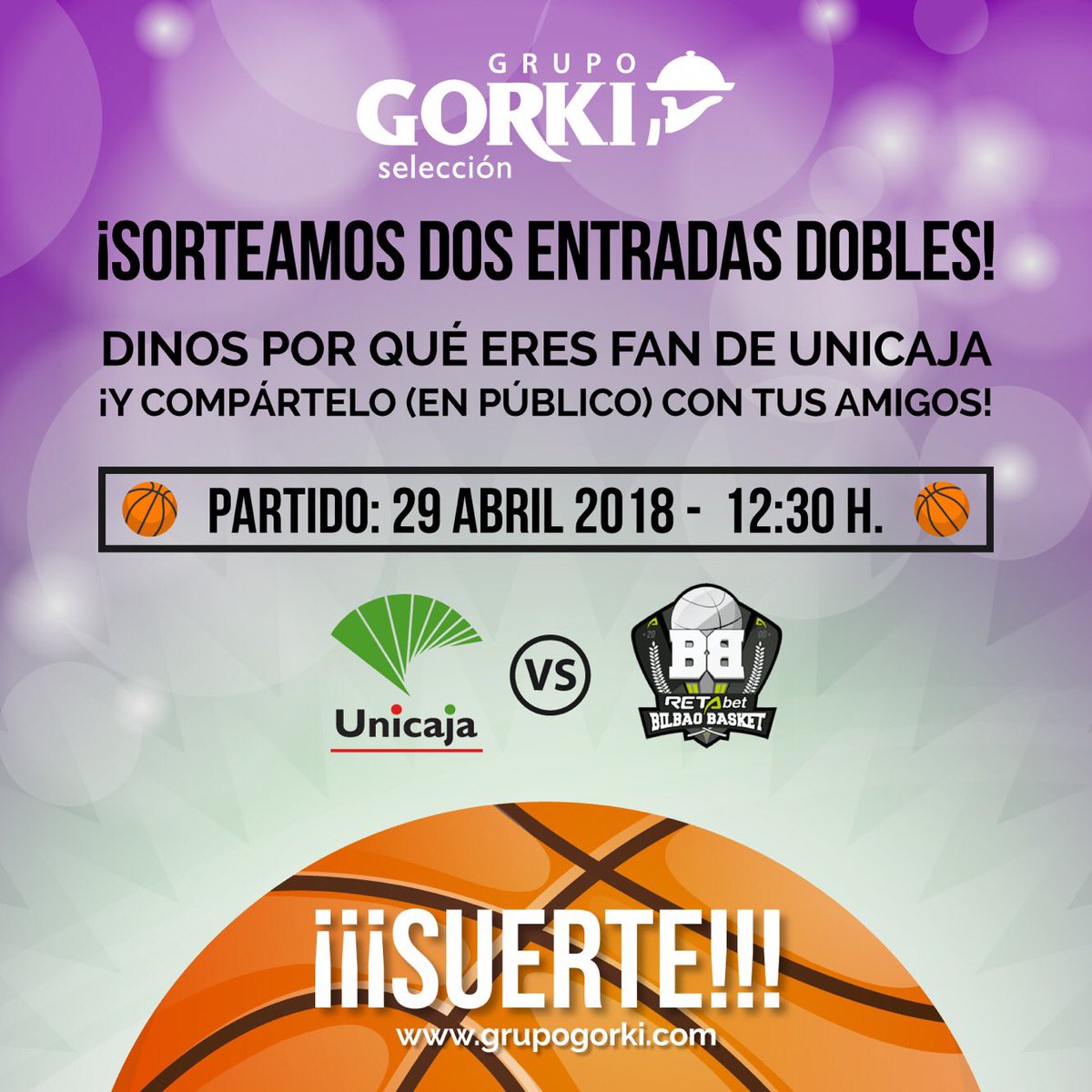GrupoGORKI's tweet photo. ¡Este finde nos vamos de partido! 🏀
@unicajaCB - Bilbao Basket
📣📣📣SORTEO 4 ENTRADAS 📣📣📣

👉🏻Sortearemos 2 en Facebook y 2 en Twitter
📆 Viernes 27 de abril

#FactorCarpena #YosoydelUnicaja 💚💜 https://t.co/vEVW4dTsy7