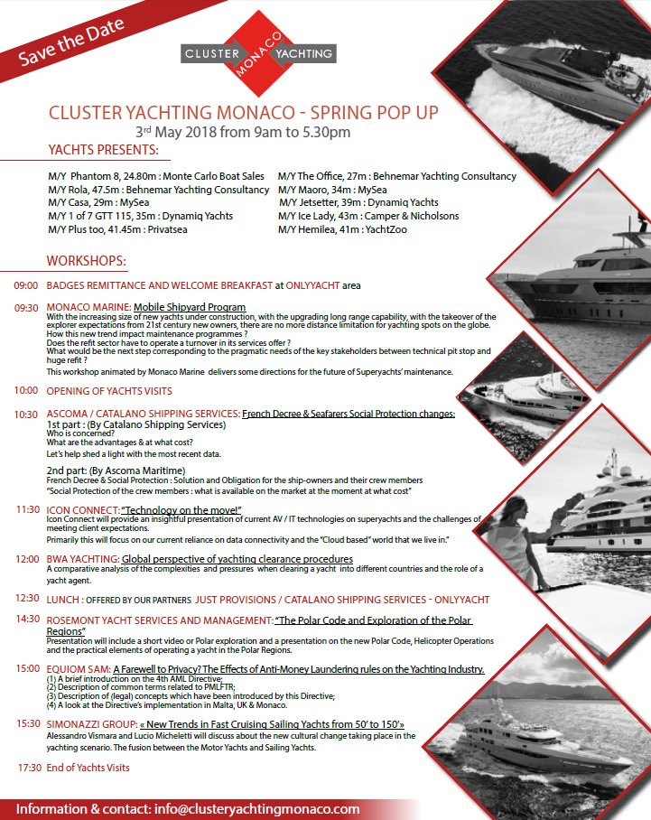 A few days left before the Spring Pop Up 2018 !
We will provide an insightful presentation, at 11:30am,  of current AV / IT technologies on superyachts, and focus on our current reliance on data connectivity and the “Cloud based” world that we live in.