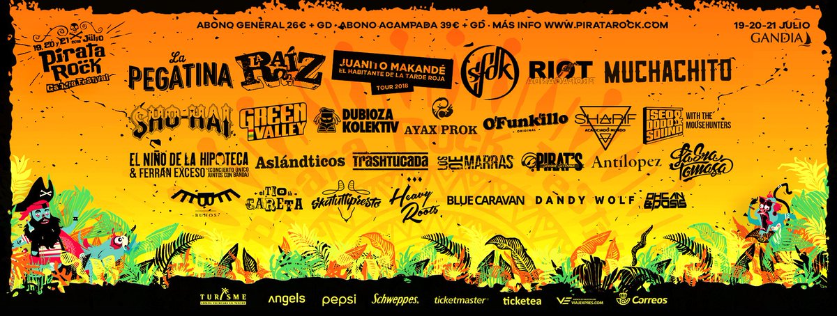 ☠CARTEL COMPLETO PIRATA ROCK 2018☠

Piratas!! Ahora si que si, ya tenemos el cartel completo de nuestra 2ª edición!! Os gusta la que tenemos preparada este año? 2 escenarios, 27 bandas, buses a la playa, y mucho más te espera el próximo 19, 20 y 21 de julio en Gandia!!🏖☠🎺🎶