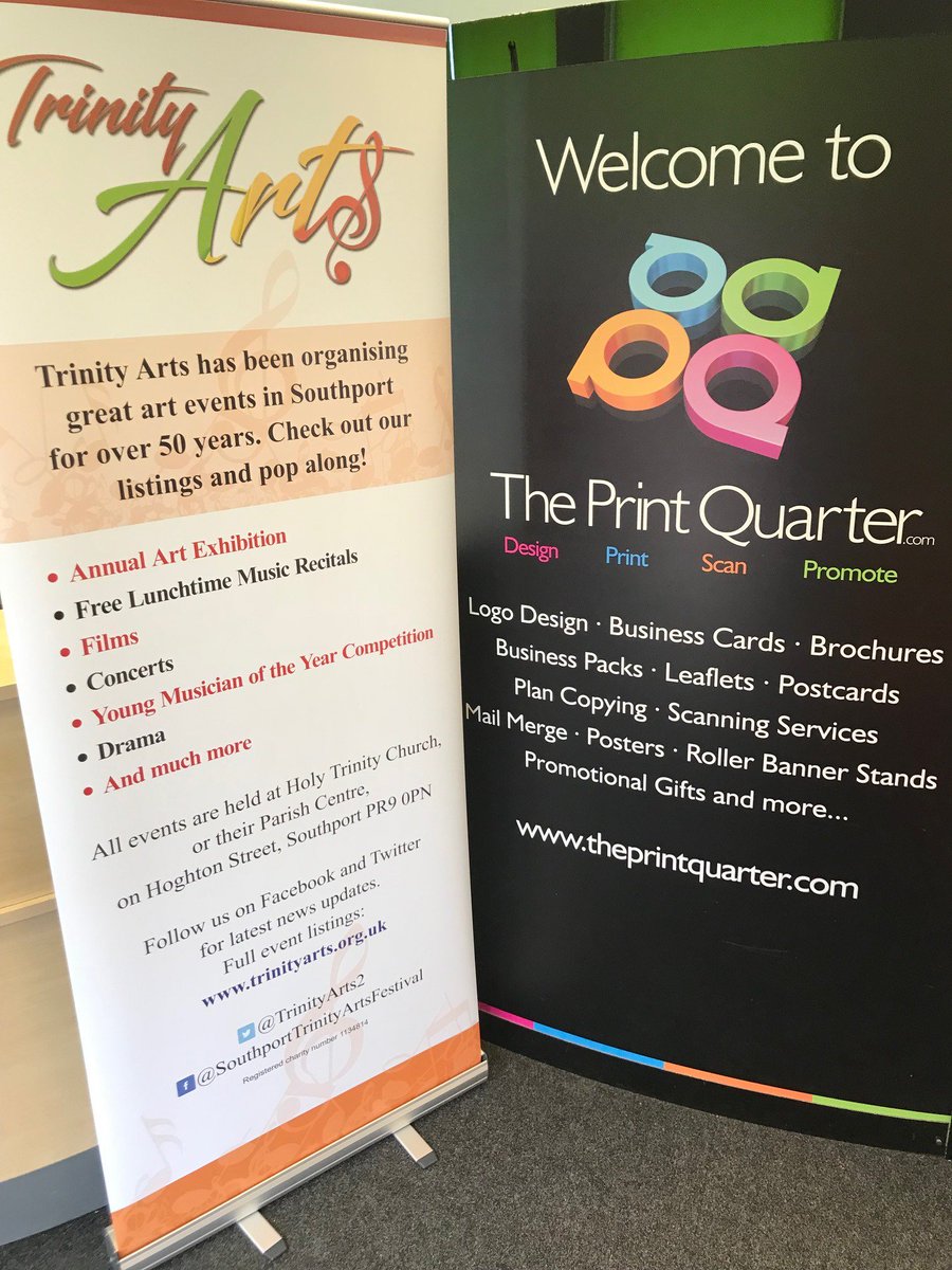 ThePrintQuarter's tweet photo. Here's another quality banner stand that we've printed in-house. This one's for @TrinityArts2  advertising all of their activities. Can we help to promote your business for you with a stand like this? #Southport #Chorley https://t.co/D6jrZSrVbJ