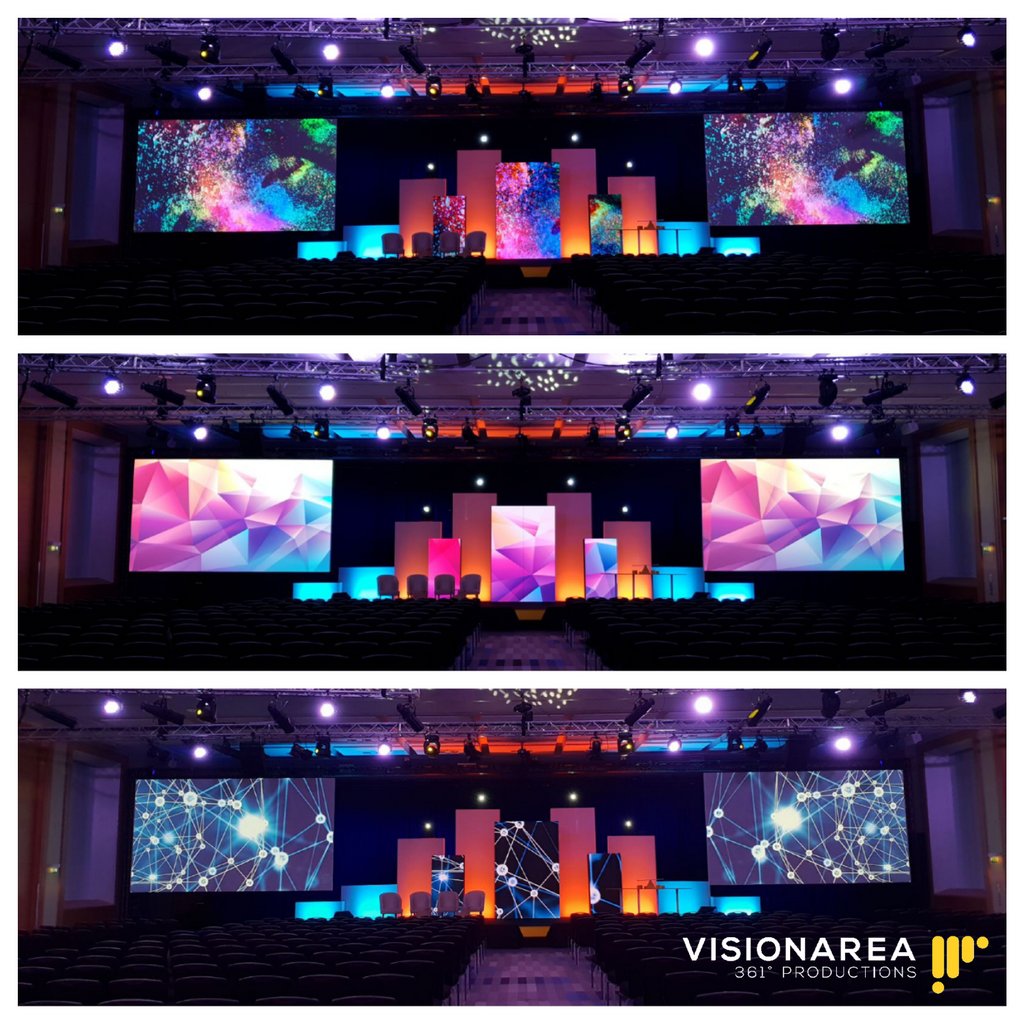 Visionarea361's tweet photo. Last week we delivered a Creative stage design for our client in Vienna. We used lighting, projection and led to create this beautiful piece. The center led wall doubled as a reveal stage entrance for presenters. #visionarea #avalliance https://t.co/0hHInE6xaO
