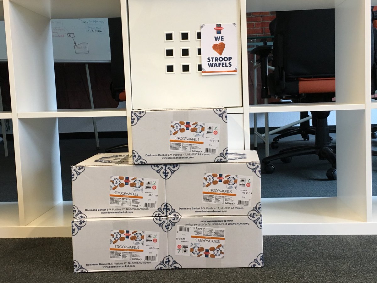 TYPO3HQ's tweet photo. Thanks to @Haassie82 the #T3UXW18 Stroopwafels crisis was averted. We just received half a quintel of Stroopwafels! Now we have to deal with a sugar-high CEO. ~JE https://t.co/Eeh8O5W5pC