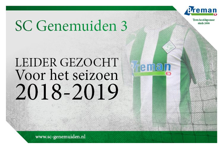 SC Genemuiden 3, uitkomend in de  1e klasse is voor het seizoen 2018-2019 op zoek naar een leider. Lijkt het jou leuk om dit jonge team te komen versterken, neem dan via de mail contact op met bestuurslid senioren Diederik Busweiler. senioren@sc-genemuiden.nl