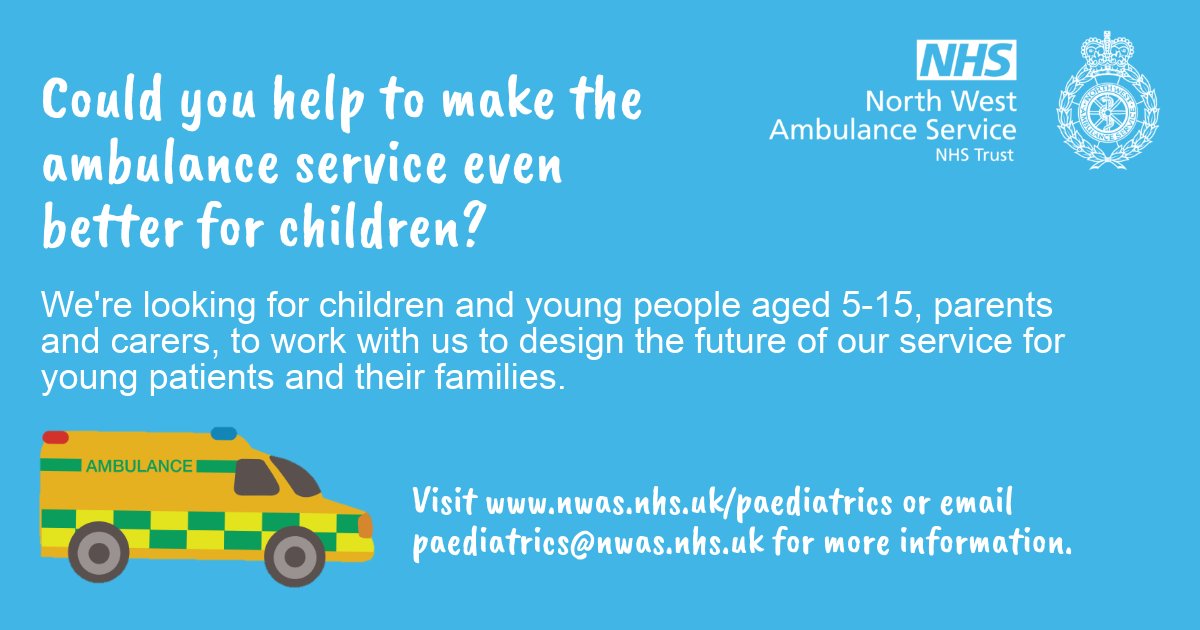 NWAmbulance's tweet photo. We want children and young people to help shape the future of the ambulance service! Children aged 5-15 and their parents, guardians or carers are welcome to get involved. Visit https://t.co/N39TqCKpSn to find out more! 🚑🗣️ https://t.co/UTvFznzAYn