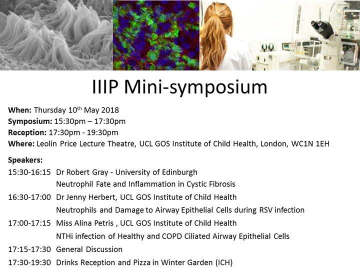 We are hosting a Mini-Symposium to explore the factors that define lung disease and infection @UCL_ICH on 10/05/18. We have a great line up of speakers including Robert Gray <a href="/EdinburghUni/">The University of Edinburgh</a>, talking about #neutrophils and #cysticfibrosis our very own Jenny Herbert and Alina Petris