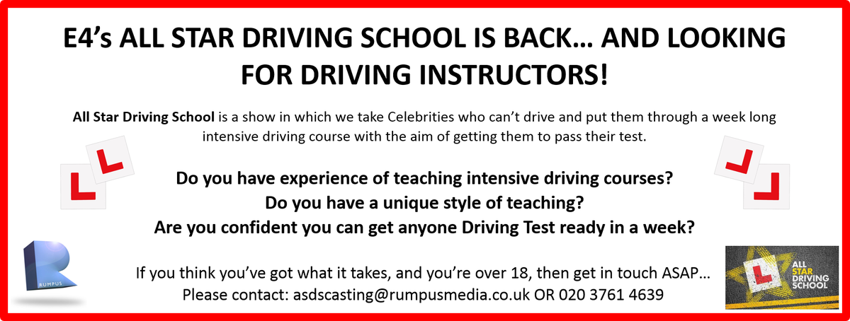 Rumpus Media would love to hear from DRIVING INSTRUCTORS to take part in #allstardrivingschool #e4 #drivinginstructors #tv Email: asdscasting@rumpusmedia.co.uk