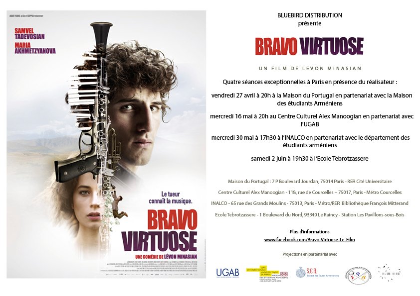 #BravoVirtuose 
Nouvelles séances du film à Paris et en régions parisiennes
En partenariat avec #UgabFrance @Inalco_officiel @MEA_CiuP #LesAnciensElévesTebrotzassère
🎬🇦🇲
#MusiqueEtCinema
#Arménie