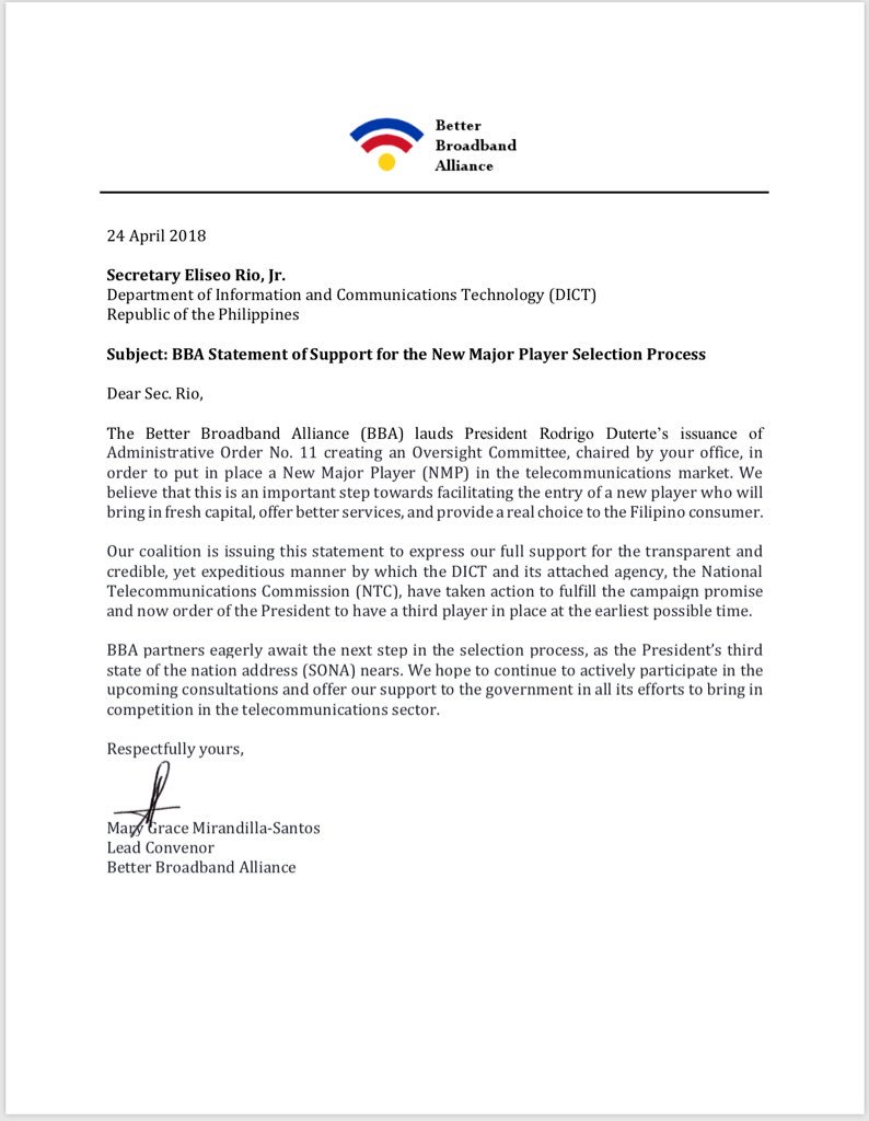 ANCALERTS's tweet photo. The Better Broadband Alliance voices support for the third telco selection process. Expresses the need for a new telecom player “at the earliest possible time.” | via @wddeguzman https://t.co/dmeTfbtbco