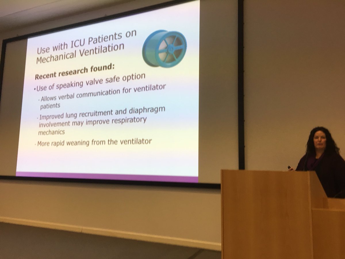 RCSLTTracheCEN's tweet photo. Dr King talking about how using speaking valve may improve respiratory mechanics as per Anna-Liisa Sutt paper #RCSLTtracheCEN #PMVUK2018 #passymuir #kapitex https://t.co/IVBFIw1NmH