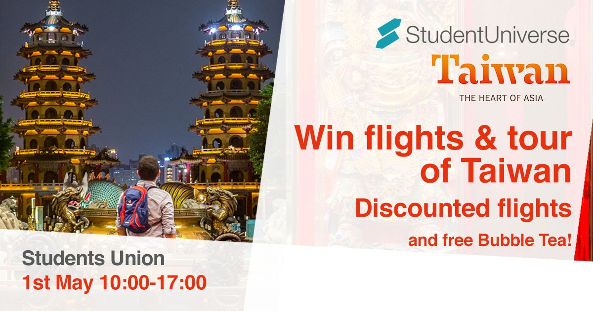 CharlieLucy3's tweet photo. DON’T MISS OUT! Free flights to Taiwan are GUARANTEED to be won today! Other prizes include discounted flights, and free bubble tea for everyone! Drop by the Taiwanese night market at @LeedsUniUnion to spin the wheel and be in with a chance of winning. https://t.co/UeP5B8KrfC