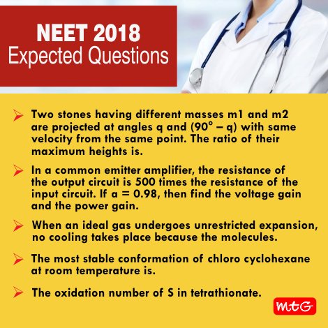 MTGBooks's tweet photo. NEET 2018 is scheduled for 6 May 2018. Check out some important and expected Questions for NEET 2018 Exam. For more practice you can refer: https://t.co/AyybU5lYGE
#NEET2018
#MTGBooks #PCMBToday https://t.co/MwYNpoXEKG