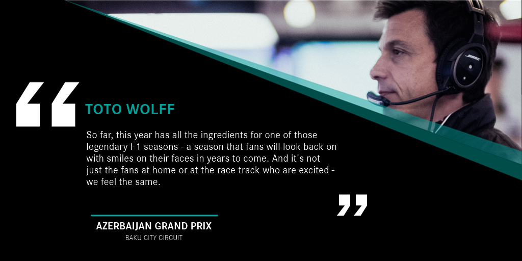 MercedesAMGF1's tweet photo. The 2018 @F1 season is shaping up to be one of the best in years! 👏

Three teams, fighting it out at the front. This weekend, battle resumes in Baku… 💪

#F1 #DrivenByEachOther #AzerbaijanGP https://t.co/kumAB9c7kL