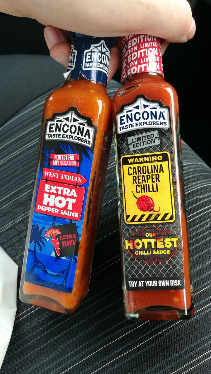 sg1radio's tweet photo. You wanted it and it's happening! Tonight on The Dan &amp; Kev show the boys will taste these @EnconaOfficial hot sauces LIVE!! Join them from 6pm on #FBLive to vote who tastes which sauce!! God them help 😂😱 #Radio #SG1Radio #CarolinaReapers #HotSauce #GetTheMilk https://t.co/H7BBdh3llz