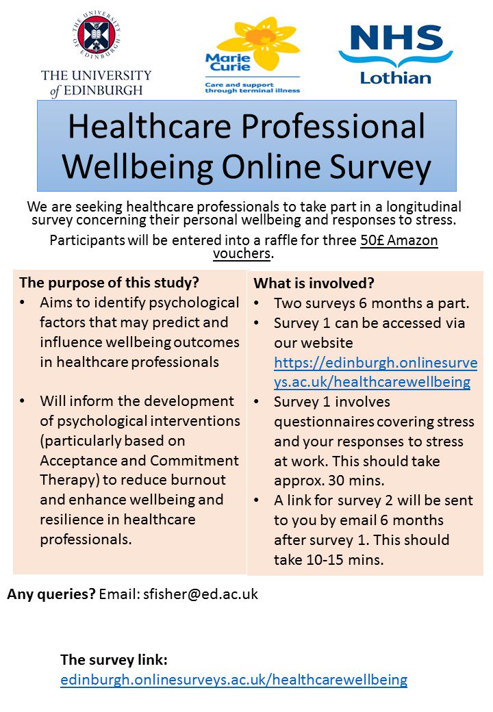 Healthcare professional #resilience and #wellbeing survey. Please take part or retweet :)

Link to study: edinburgh.onlinesurveys.ac.uk/healthcarewell…