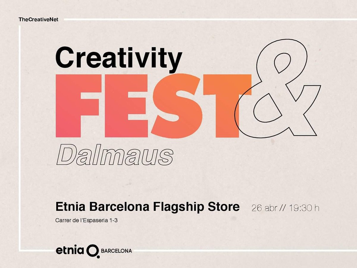 thecreative_net's tweet photo. Este jueves hemos preparado un Creativy&amp; con @dalmaus para conocer su obra, y desvelaros todos los detalles del #TheCreativeFest18 A las 19.30 en la Flagship Store de @EtniaBarcelona, con cerveza @EstrellaDammCat bien fresquita! https://t.co/kIcwqy1LLL