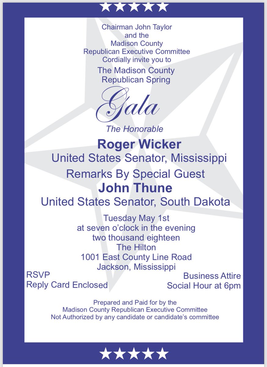 MSGOP's tweet photo. The @MadisonCoMSGOP will host its Spring Gala on Tuesday, May 1 in Jackson with special guest, U.S. @SenJohnThune of South Dakota. Get your tickets today! https://t.co/XiLXuRQBXU https://t.co/8Jx4rzMCnl