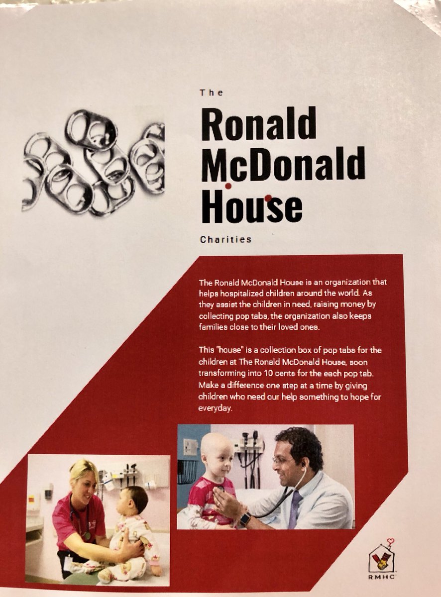 DrKimCockley's tweet photo. “Giving children who need our help something to hope for...”  Collecting pop tabs for Ronald McDonald House Charities! Thanks Emily for your service learning project! https://t.co/lQBUG6HZ8c