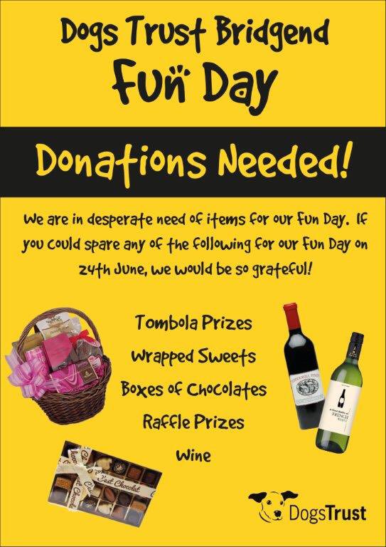 We would appreciate any donations for our Fun Day. We are looking for gifts for tombola stall and for raffle prizes. Thanks very much! #funday #charity #charityevent @DogsTrust #dogstrustbridgend