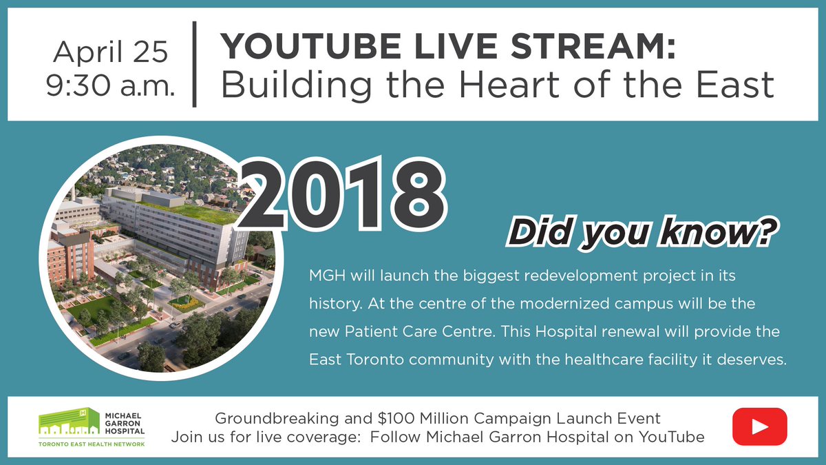 MGHToronto's tweet photo. TOMORROW: Groundbreaking of new Patient Care Centre &amp; launch of $100M #HeartoftheEast campaign! MGH through the decades continues by marking April 25, 2018: Beginning of MGH’s largest redevelopment in its history. #BuildtheEast @SarahEDowney1 @apottsBEY @InfraOntario @EllisDon https://t.co/zJWznD4fFq