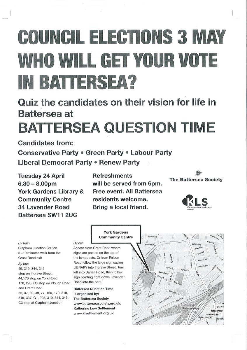 klsettlement's tweet photo. Tonight it's '#BatterseaQuestionTime' at 6.30pm at York Gardens Library. We have candidates standing in Battersea from @wandsworth @WandsworthLab @WandsLD @greenwandsworth @Renew_Britain FREE event - All welcome! Pls RT #Battersea hosted by @klsettlement &amp; @batterseasoc https://t.co/CYUxMyemCm