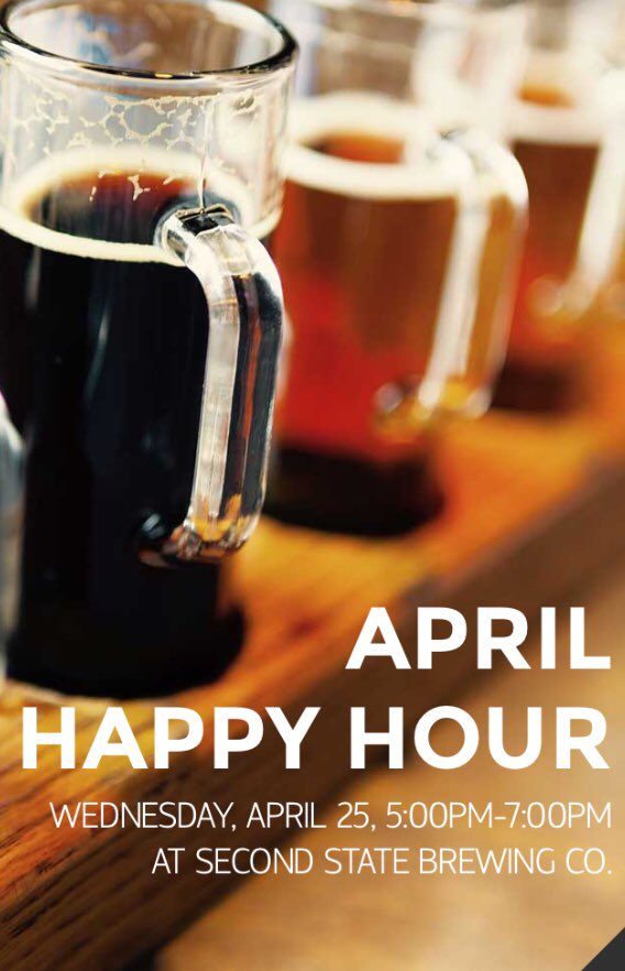 Happy Hour is this Wednesday. Join us at Second State Brewing Co. in CF. (203 State St) anytime from 5-7pm.