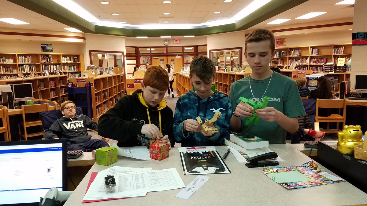 LibraryGVMS's tweet photo. Lots of attention for the new #cubebots in the GVMS Library. #highflyinghawks https://t.co/Wb3LMlGJAf