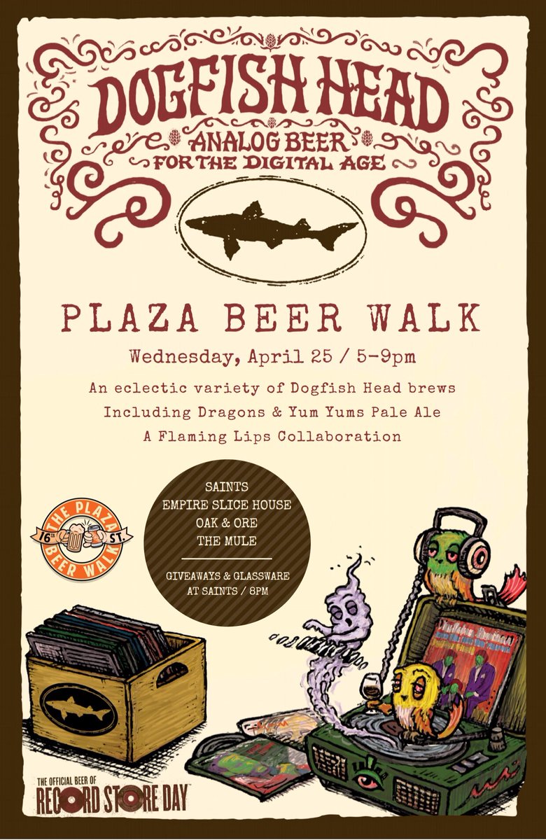 PlazaBeerWalk's tweet photo. Join us in @plazadistrict tomorrow night, for great @dogfishbeer brews - including the new @theflaminglips collaboration, Dragons &amp; Yum Yums!! A portion of all featured beer sales will be donated to Eugene Field Elementary - details at https://t.co/ozX8ZmtzoN https://t.co/h3zD1lzjyS