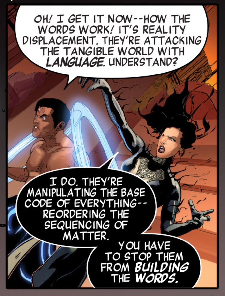 Speaking of the meta-textual elements of Hickman's run, were we get the use of words to alter reality and the argument that fiction and truth are indistinguishable.Appropriate sentiments for characters trapped in a story.(New Avengers #27.)
