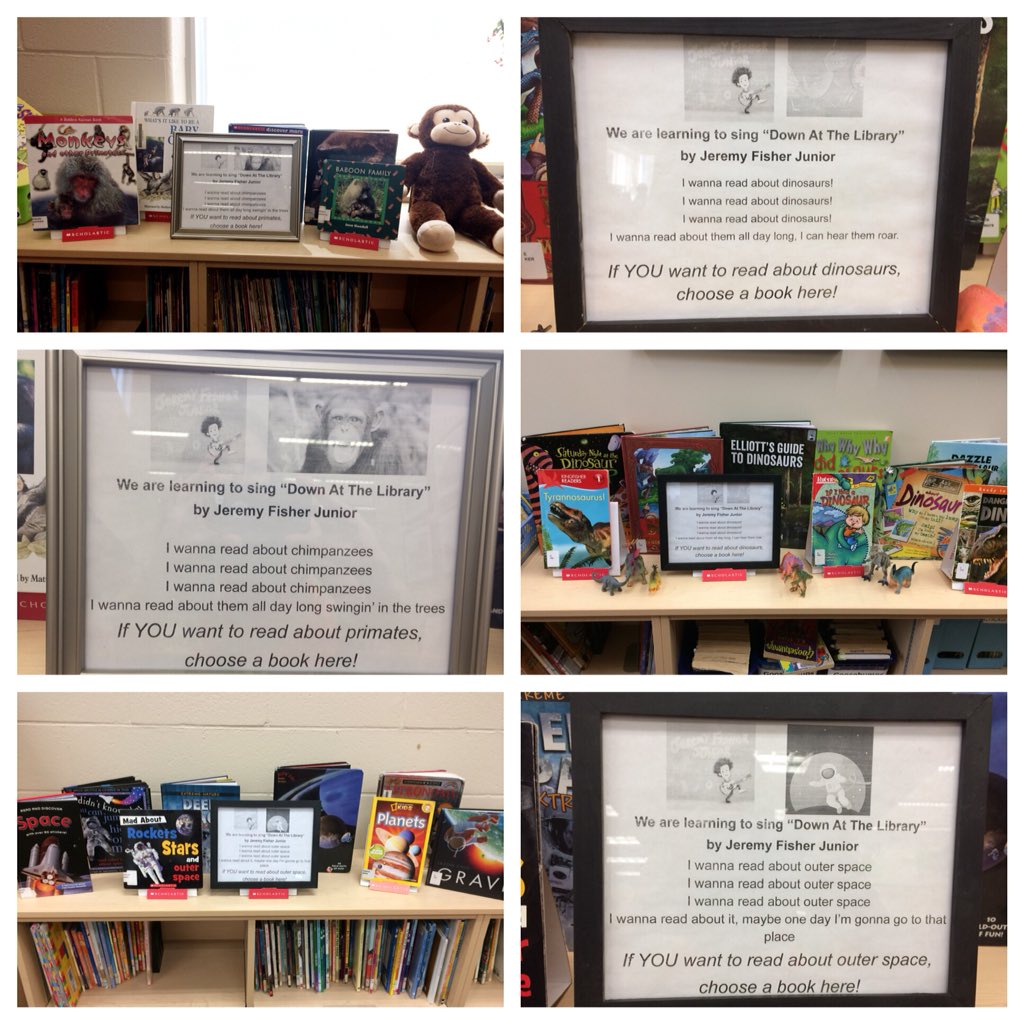 MrsJAngle's tweet image. Students in our library are reading about dinosaurs, chimpanzees and outer space while singing “Down at the Library!” #musicallibrary #kidsread #kidsmusic @JFishJunior @Bellmoore_HWDSB