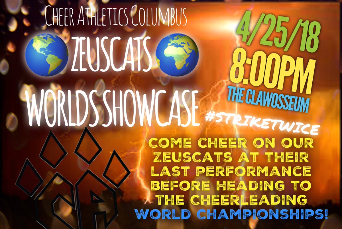 We would like to invite everyone to come support our Worlds Team, @CA_ZeusCats, at their final performance here in Ohio! 🌎
We CAnt wait to see you all there! 
#TheRise #StrikeTwice