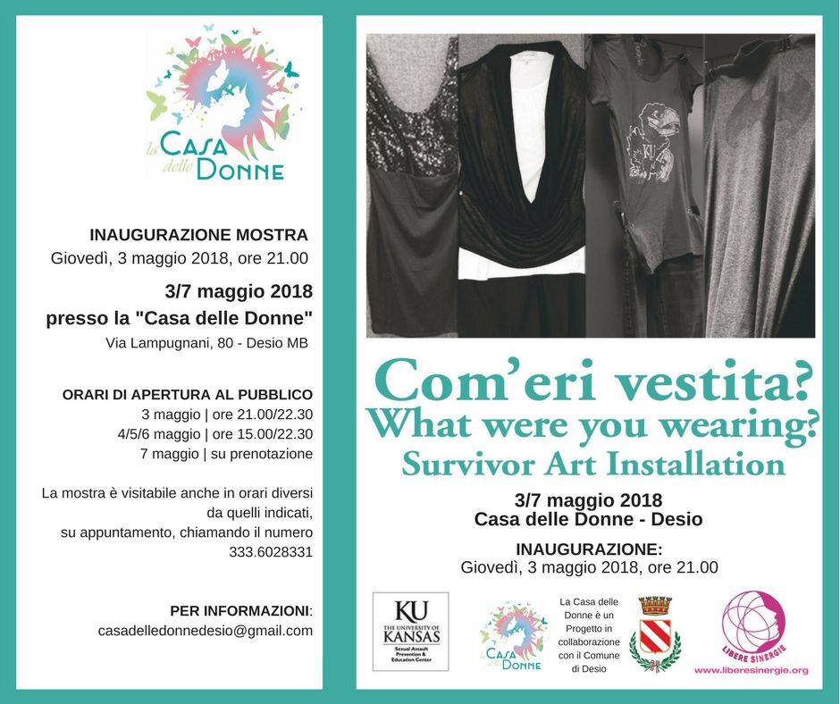"Com'eri vestita?"

Una mostra urgente e necessaria che toglie il velo su una storia drammaticamente comune: la #violenza sulle #donne. 
Dal 3 Maggio alla #CasadelleDonne di #Desio. 
Andiamoci tutti!

#comerivestita #whatwereyouwearing #violenzasulledonne #nonunadimeno