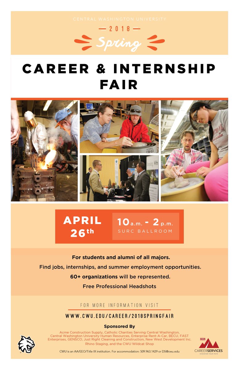 CWUCareer's tweet photo. Spring Fair is only 2 days away! Get out your suit, polish your shoes, and make copies of your resume so you can make a great impression on the 70+ employers coming to campus, including: @NMCareers @YakimaCounty @ERAC_Jobs @PSNSandIMF @SwiftwaterWine #cwuSpringFair #cwuCareerWeek https://t.co/nPWKSe1QXN