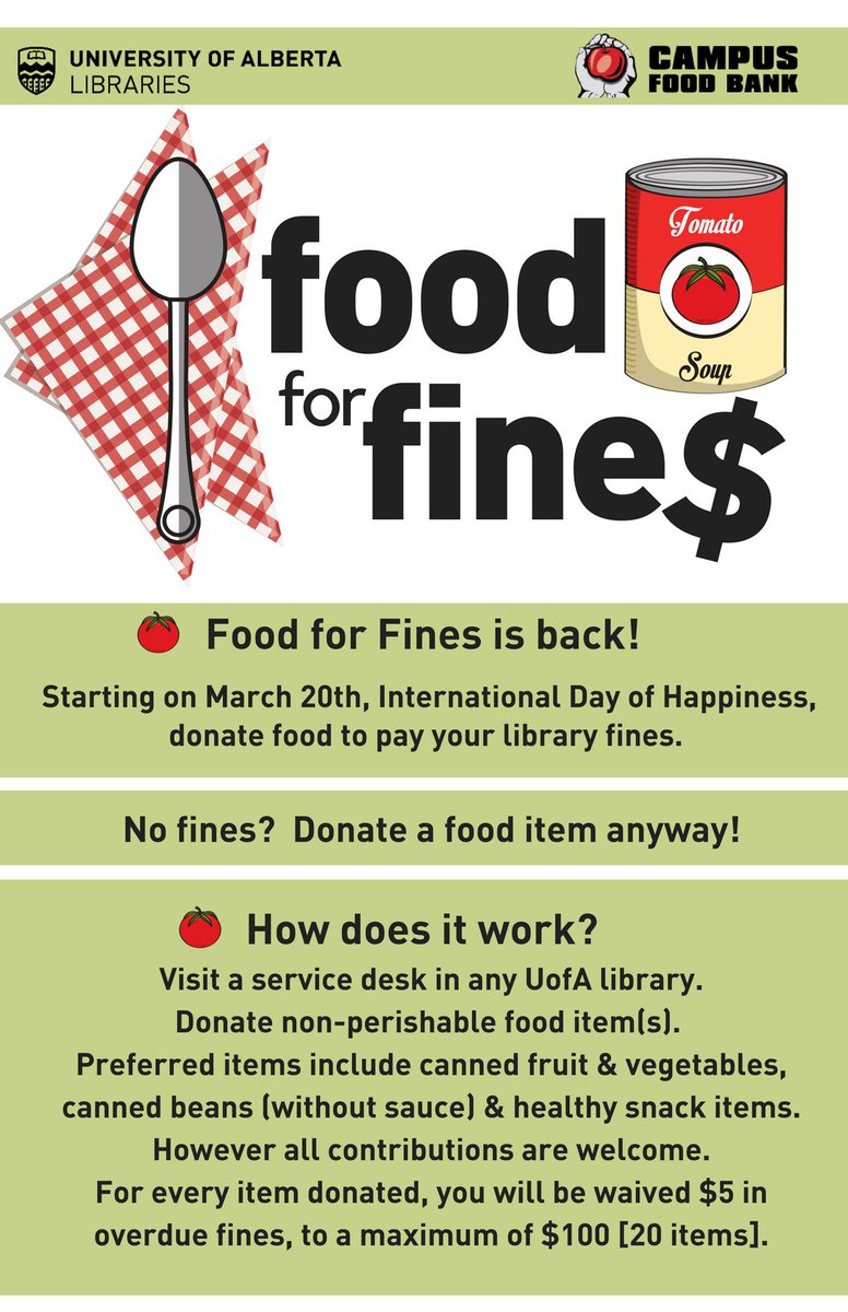 RutherfordLib's tweet photo. There is still time to pay your library fines with a donation to @campusfoodbankOne item for $5 in fines! Runs until Friday April 27 https://t.co/hC8eViPv8L #ualberta https://t.co/jWi2umhVNC