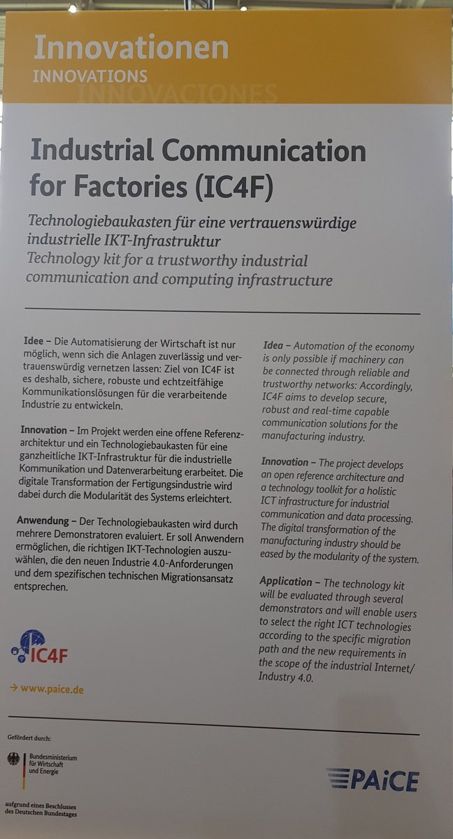 ThiloZimmermann's tweet photo. #Industrial #Communication for #Factories (#IC4F) @BMWi_Bund stand in hall 2 @hannover_messe.
#hm18 #HannoverMesseWow https://t.co/dkK7X3XOqF