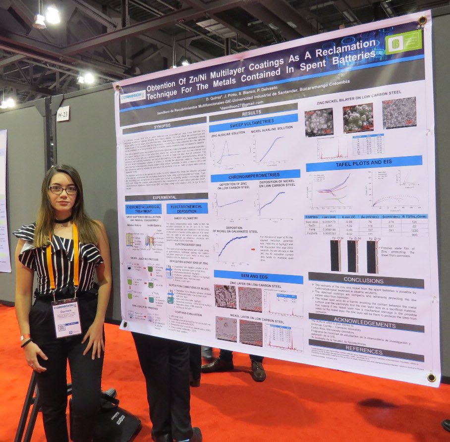 SergioIBlanco's tweet photo. #comunidadUIS nuestras estudiantes Carolina Solano y Daniela Quiroz participando en #corrosion2018 organizado por @NACEtweet . Daniela presentó sus resultados en el desarrollo de recubrimientos con materiales reciclados @UIS @FifquiUIS @metalurgiaverde https://t.co/qiOUU8NyH6