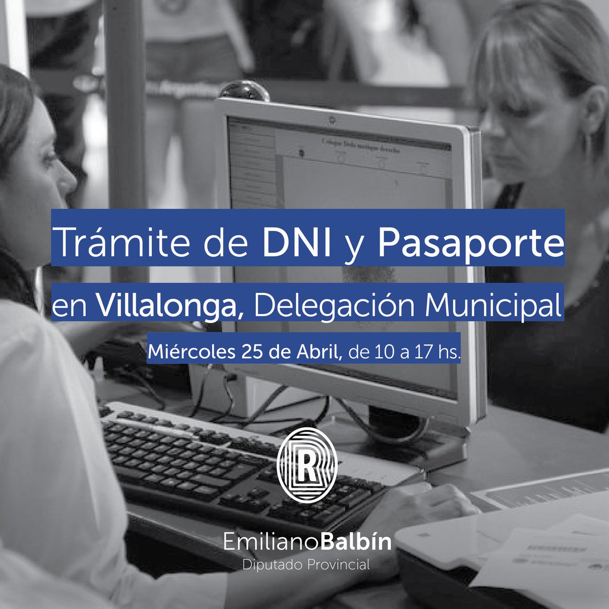 EmiBalbin's tweet photo. ATENCIÓN vecinos de VILLALONGA
El miércoles 25-abril podes hacer tus trámites de DNI y Pasaporte en el puesto móvil del @renaper_ar
📌Delegación municipal 🕛 10 a 17hs.
Para conocer los trámites que podes hacer y qué papeles llevar ingresá en este link 
👉https://t.co/mJSLjY86sR https://t.co/QqLKxPFdyA