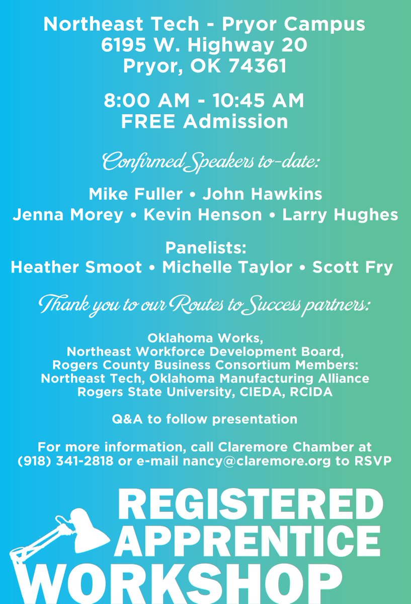 OKLAworks's tweet photo. NE Oklahoma employers, we're just two days away from the Registered Apprenticeship Workshop at @NETechCenter - Pryor! Sign up to attend by visiting: https://t.co/RQDCPWShhE #ApprenticeshipWorks #EarnAndLearnOK https://t.co/iqSnTlRmnY