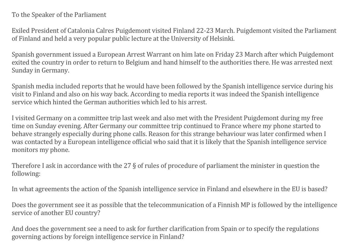 CanalRepublica's tweet image. 🇫🇮 📄El diputat finlandès @KarnaMikko ha presentat aquesta bateria de preguntes al parlament i, per tant, al govern finlandès, sobre les accions del CNI espanyol. La resposta del govern es donarà en tres setmanes.

📆24-04-18