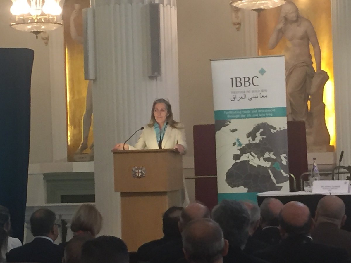 IBBC_London's tweet photo. Baroness Fairhead, Minister for Trade & Export speaks at IBBC Spring Conference 2018. #UK & #Iraq can look forward to increased Bilateral Trade, closer relations and optimistic signs for 2018. Baroness thanks IBBC Members for crucial role facilitating this. #webuildiraq #IBBC2018 https://t.co/BoQL7ts6j7